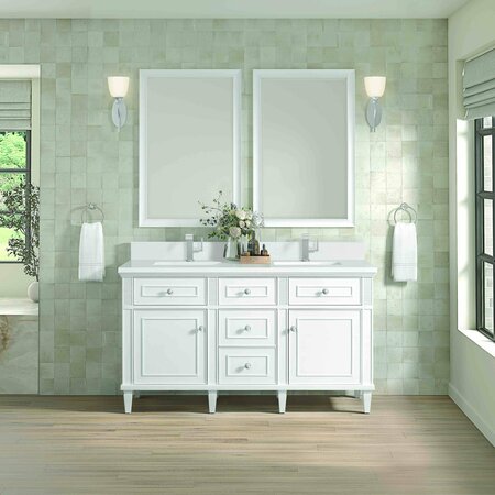 James Martin Vanities 60'' Double Vanity, Bright White w/ Single Hole 3 CM White Zeus Quartz Top & Backsplash 424-V60D-BW-1WZ